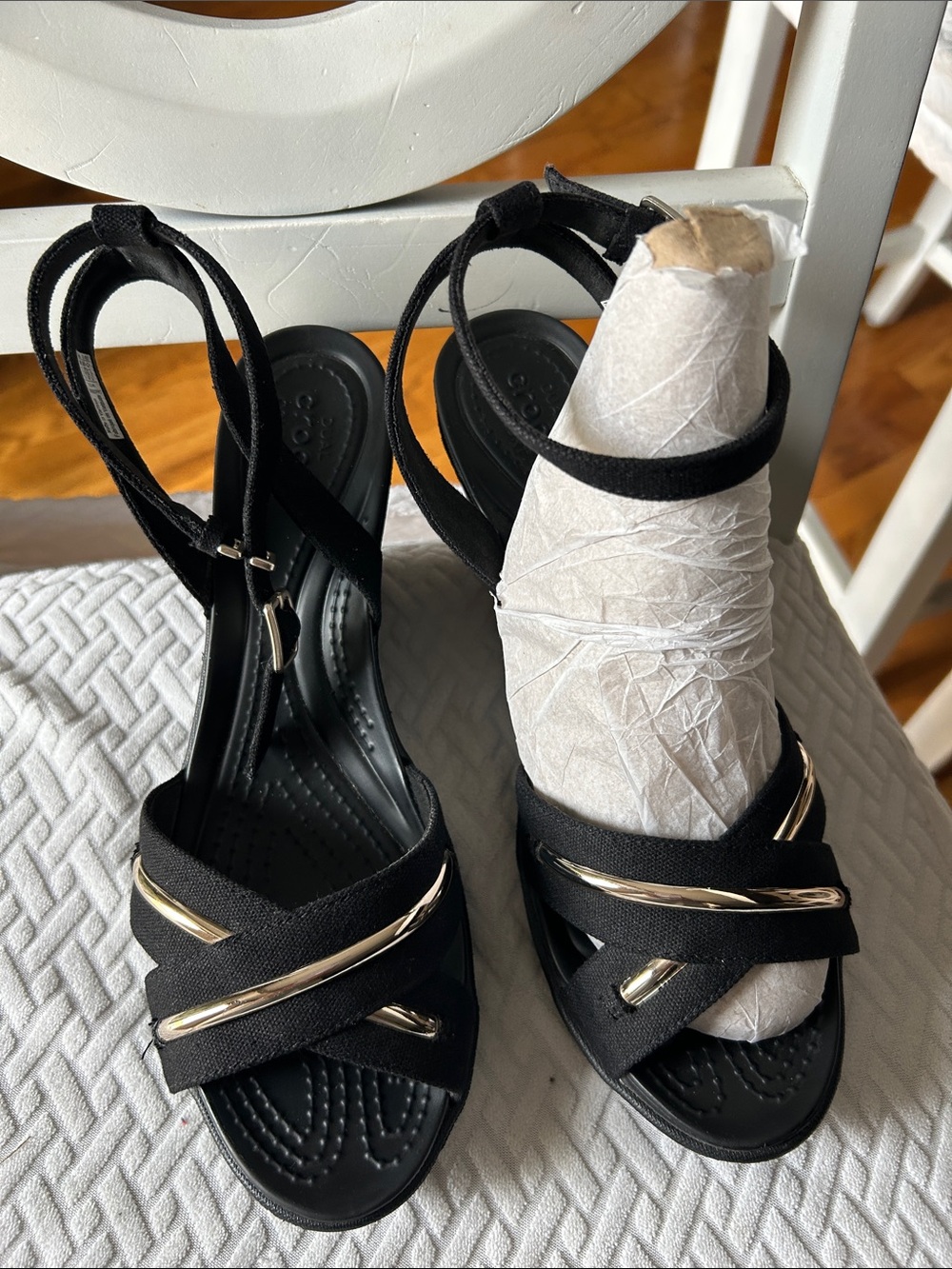 CROCS Black Strappy Heeled Sandals with Gold Trim